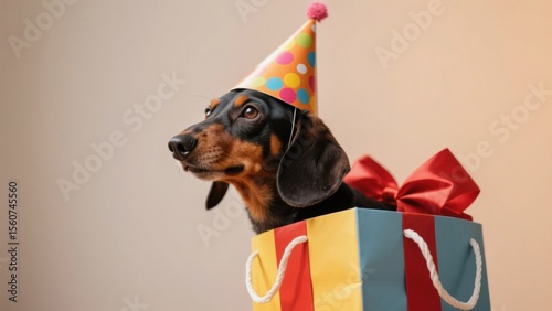 Adorable dachshund puppy in a colorful birthday gift bag, wearing a festive party hat with polka dots and a pompom, celebrating a special occasion looking away with a happy expression .
