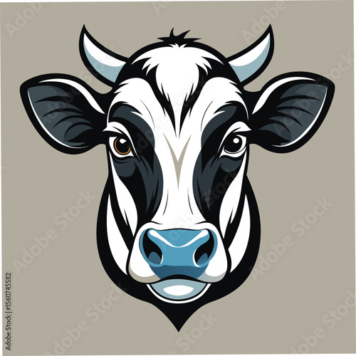Stylized illustration of a black and white cow head with large eyes and a pink nose