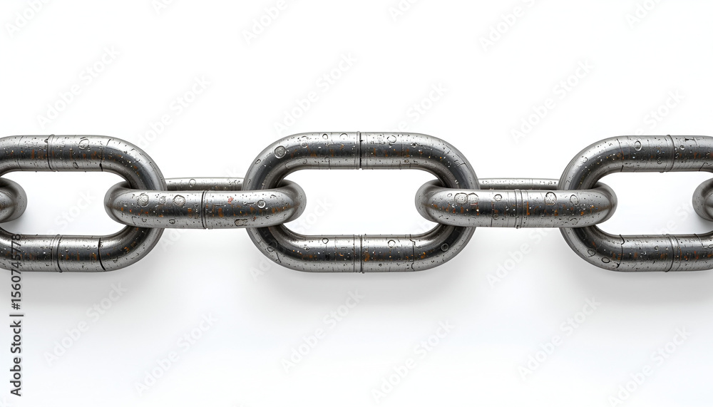 Fototapeta premium A strong metal chain glistens with water drops, symbolizing connection, strength, and industrial design against a clean white backdrop.
