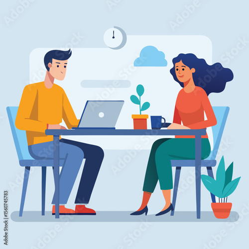 Man woman working together laptop office flat design