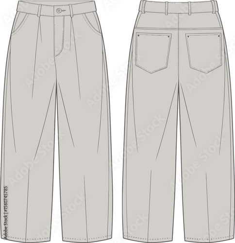 High-waisted wide leg pants flat sketch, technical fashion drawing, front and back view, stylish women trousers vector, sewing design template