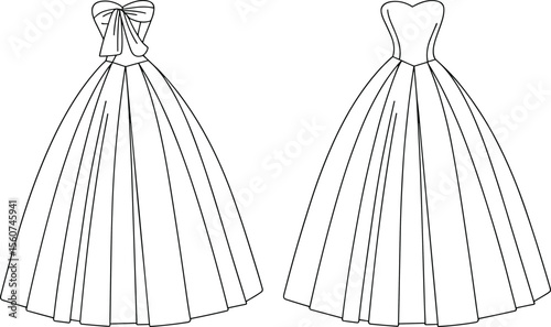 Elegant Strapless Ball Gown with Bow Detail, Front and Back View, Full Skirt Design for Bridal and Formal Fashion Illustrations