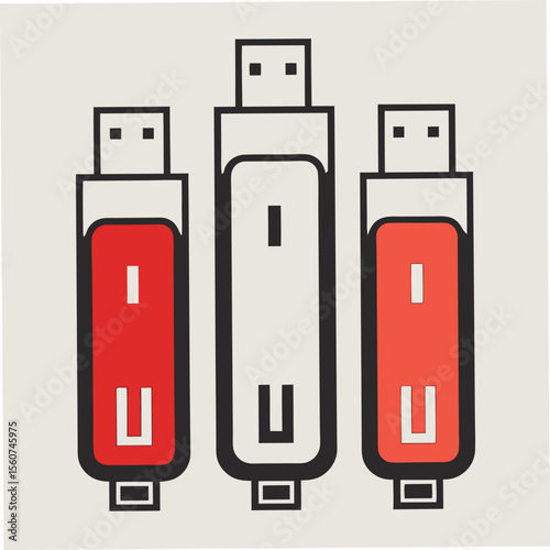 Three stylized usb flash drives with red and white colors on a light background