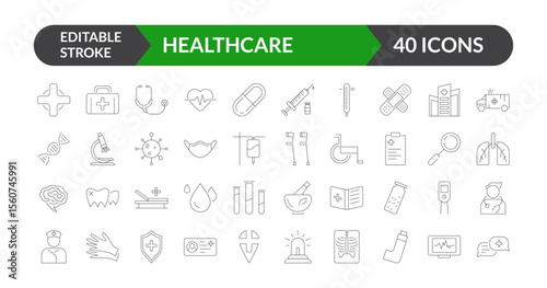 Healthcare Line Icons Vector Set, Editable Stroke Medical Icon Pack, Clinic, Hospital, Treatment, Diagnosis Symbols