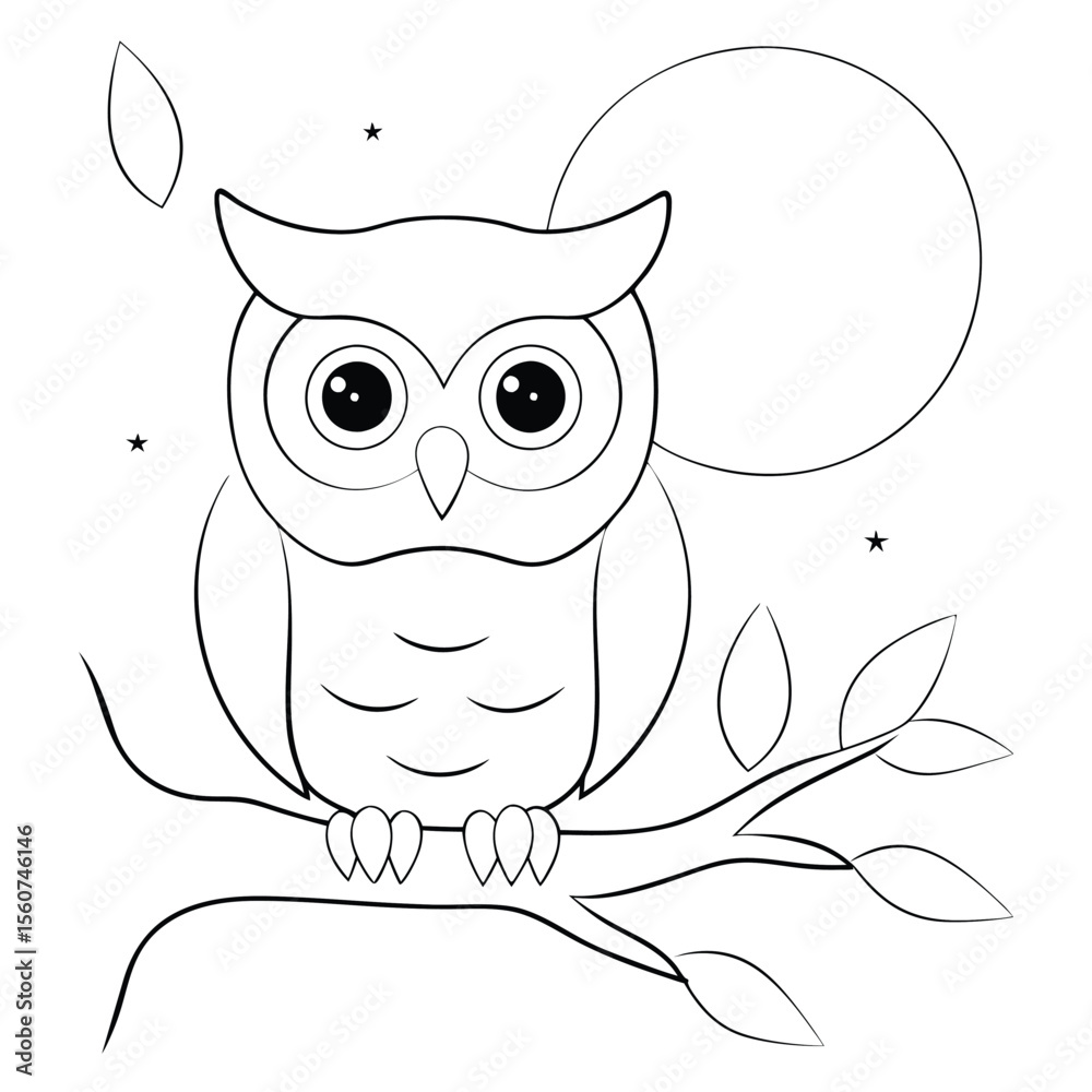 Fototapeta premium Owl On A Branch With Moon And Stars Coloring Page Illustration.
