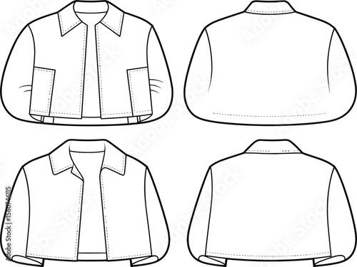 Fashionable Cropped Jacket with Front and Back View, Button Closure, and Pockets, Stylish Outerwear Design for Apparel Illustration