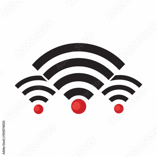 Three black and white wifi signal icons with red dots at the base