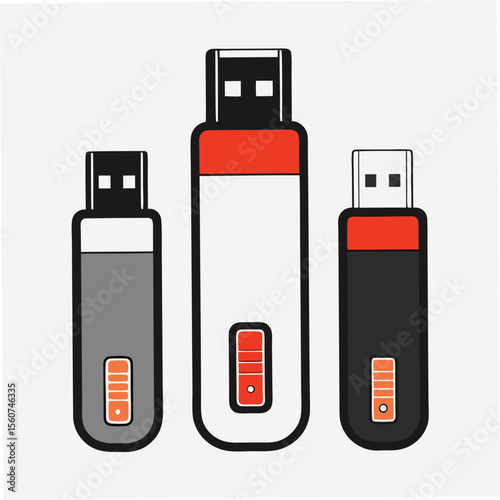 Three stylized usb flash drives in different colors with orange accents on a light background