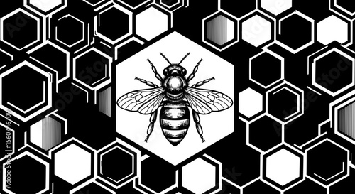 Bee on Honeycomb – Geometric Black and White Nature Pattern
