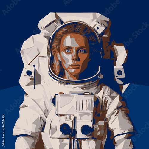 Female Astronaut in Space Suit – Blue Modern Science Art
