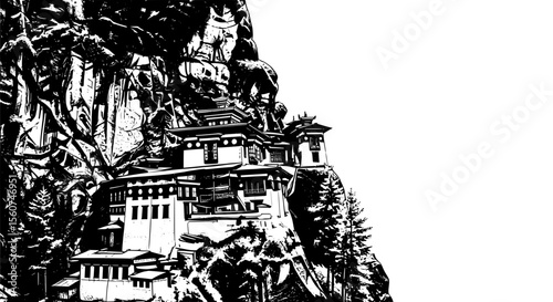 Tibetan Monastery on Cliff – Black and White Spiritual Architecture Art

