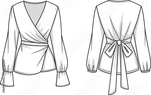 Women's wrap blouse with long sleeves, waist tie back design, elegant fashion top, CAD fashion flat sketch, digital apparel illustration