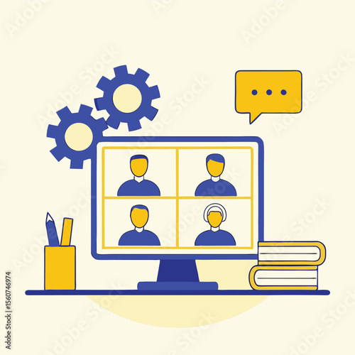 Online meeting with colleagues and learning materials