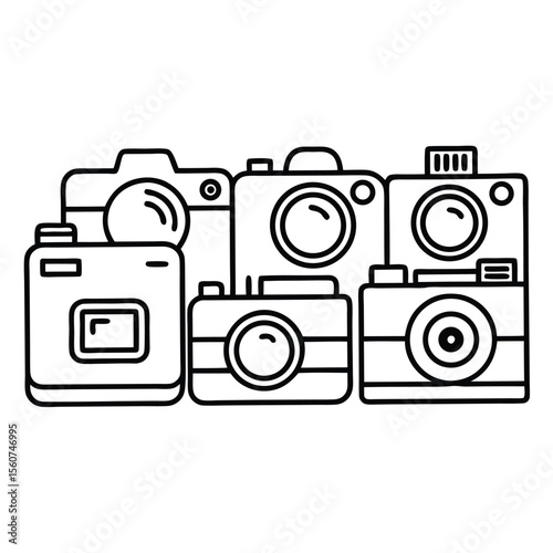 Collection of black and white outline icons of various vintage and modern cameras
