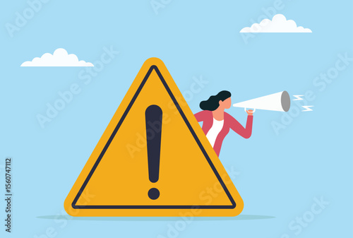 Vector illustration of a businesswoman announcing a warning message through a megaphone from behind a large warning sign, symbolizing urgent communication and alert awareness
