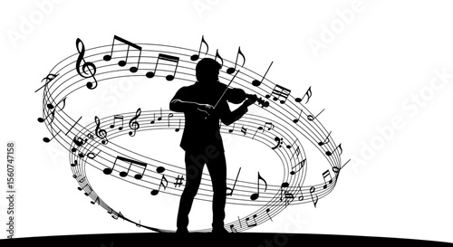 Violinist with Musical Notes – Black and White Melody Performance Art
