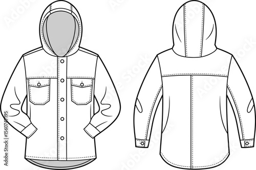 Unisex hooded overshirt technical flat sketch – front and back vector template with chest pockets, curved hem, and topstitching details