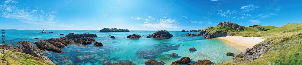 Fototapeta premium Panoramic coastal view of a tranquil beach with turquoise water and rocky shoreline