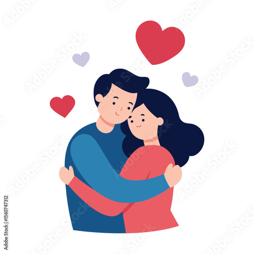 Loving couple embracing surrounded by hearts symbolizing love and affection