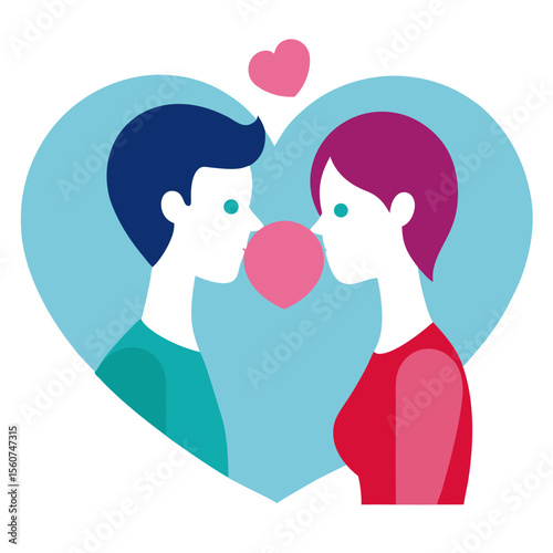 Couple blowing bubble gum together inside a large heart shape