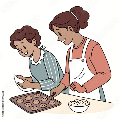 Two women happily baking cookies together in the kitchen