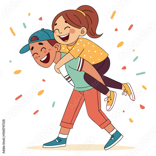 Joyful boy gives piggyback ride to happy girl with colorful confetti falling