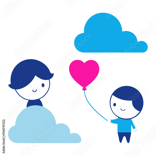 Two cute cartoon children sharing a pink heart balloon amongst blue clouds