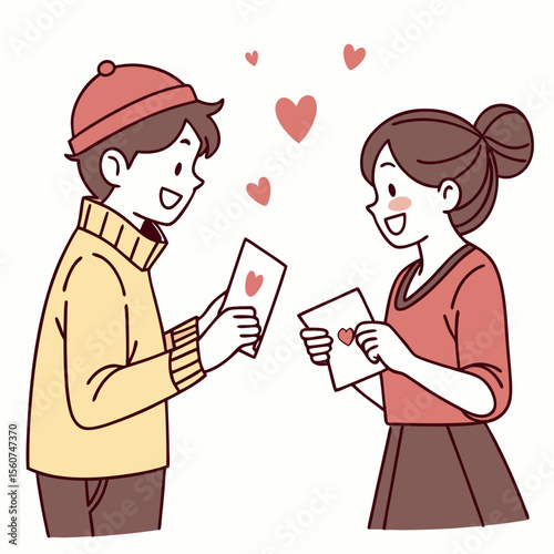 Young couple exchanging love letters with hearts floating around them