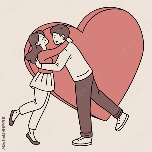 Couple embracing happily in front of a large red heart symbol