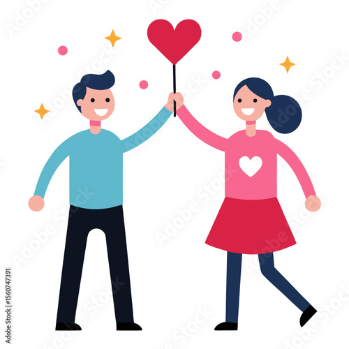 Happy couple holding a heart shape balloon together celebrating love and romance