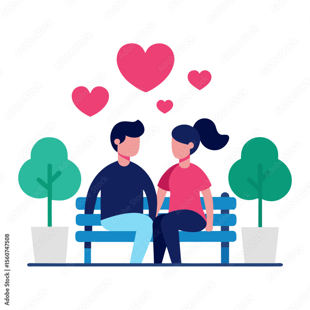 Couple sitting on a park bench surrounded by hearts and trees