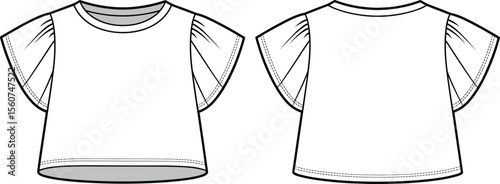 Girls’ flutter sleeve t-shirt flat sketch – cropped style with gathered short sleeves and curved hemline, vector fashion template front and back