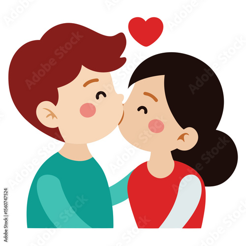 Cute cartoon couple sharing a sweet kiss with a red heart above them
