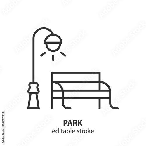 City park line icon. Bench and street lamp vector illustration. Editable stroke.