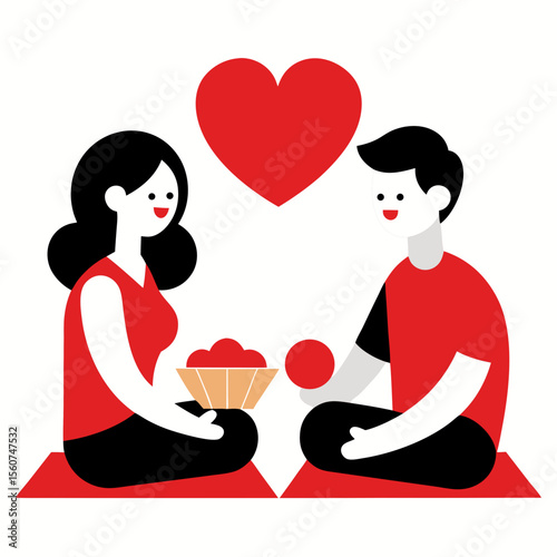 Couple sharing romantic moment with heart and fruit basket illustration