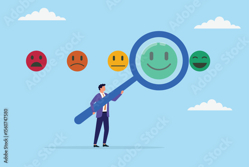 Vector illustration of a businessman analyzing customer feedback through a large magnifying glass, symbolizing thorough review and focus on enhancing customer experience
