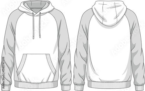 Men’s hoodie flat sketch with raglan sleeves, drawstring hood and kangaroo pocket, casual sweatshirt fashion template, streetwear vector technical drawing