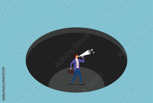 Vector illustration of a businessman making an announcement through a megaphone from inside a dark hole, representing efforts to communicate despite isolation or difficult circumstances
