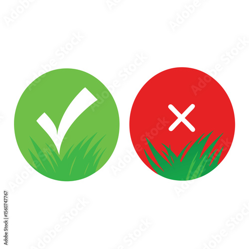 Green check mark and red cross symbols with grass in circles on white background