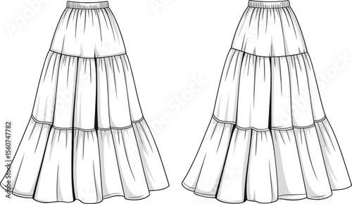 Tiered maxi skirt flat sketch, bohemian long skirt fashion template, layered silhouette vector drawing, gathered waist technical apparel illustration