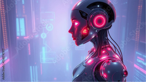 3d render of a female robot with headphones