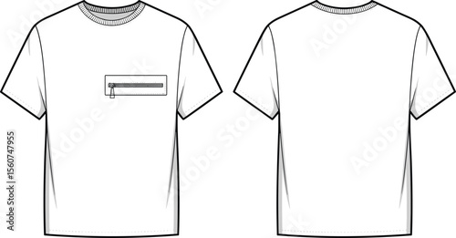 Men’s t-shirt flat sketch with zip pocket, short sleeve crew neck tee design, fashion technical drawing, streetwear vector apparel template