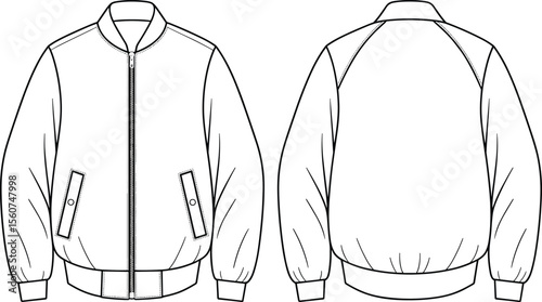 Bomber jacket flat sketch, men’s casual outerwear vector design, front and back view, ribbed cuffs and hem, fashion technical drawing template
