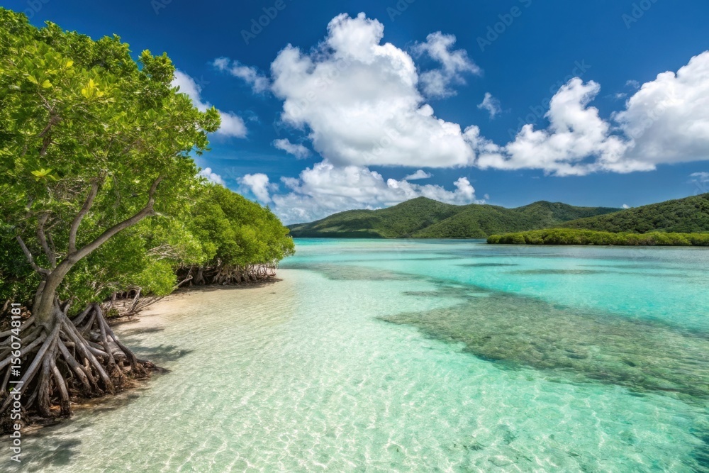 Fototapeta premium Lush mangrove shoreline meets crystal clear turquoise tropical waters