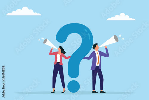 Vector illustration of two businesspeople announcing a problem through a megaphone near a giant question mark, highlighting urgent communication and seeking solutions to uncertainty
