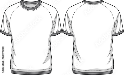 Men’s raglan t-shirt flat sketch, short sleeve ribbed crew neck tee design, casual fashion vector template, technical garment drawing