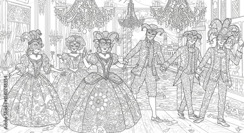 Elegant 18th Century Masquerade Ball Illustration