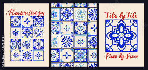 Mediterranean tile pattern vector poster with italian quote in blue and red on beige background, dolce vita summer kitchen decor