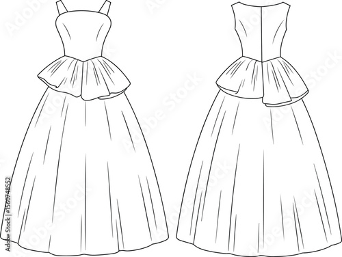 Elegant ball gown fashion sketch, formal dress design, peplum evening gown illustration, bridal couture template, wedding dress fashion flat