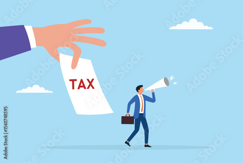 Vector illustration of a businessman announcing tax information through a megaphone beside tax documents, highlighting crucial communication about taxes and financial responsibilities
